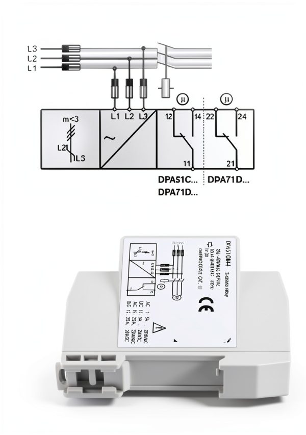 3 Phase Monitoring Relay, DPA51CM44, Automatic, White, Silver Contact, 5A, Din Rail Mount, 208-480VAC-4