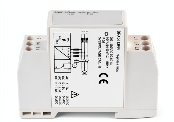 3 Phase Monitoring Relay, DPA51CM44, Automatic, White, Silver Contact, 5A, Din Rail Mount, 208-480VAC-5