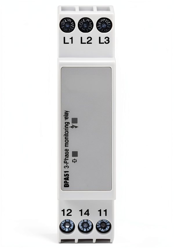 3 Phase Monitoring Relay, DPA51CM44, Automatic, White, Silver Contact, 5A, Din Rail Mount, 208-480VAC-7