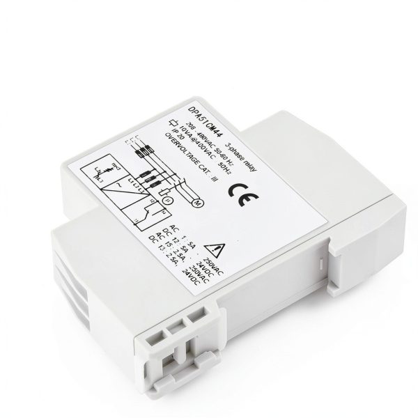 3 Phase Monitoring Relay, DPA51CM44, Automatic, White, Silver Contact, 5A, Din Rail Mount, 208-480VAC-1